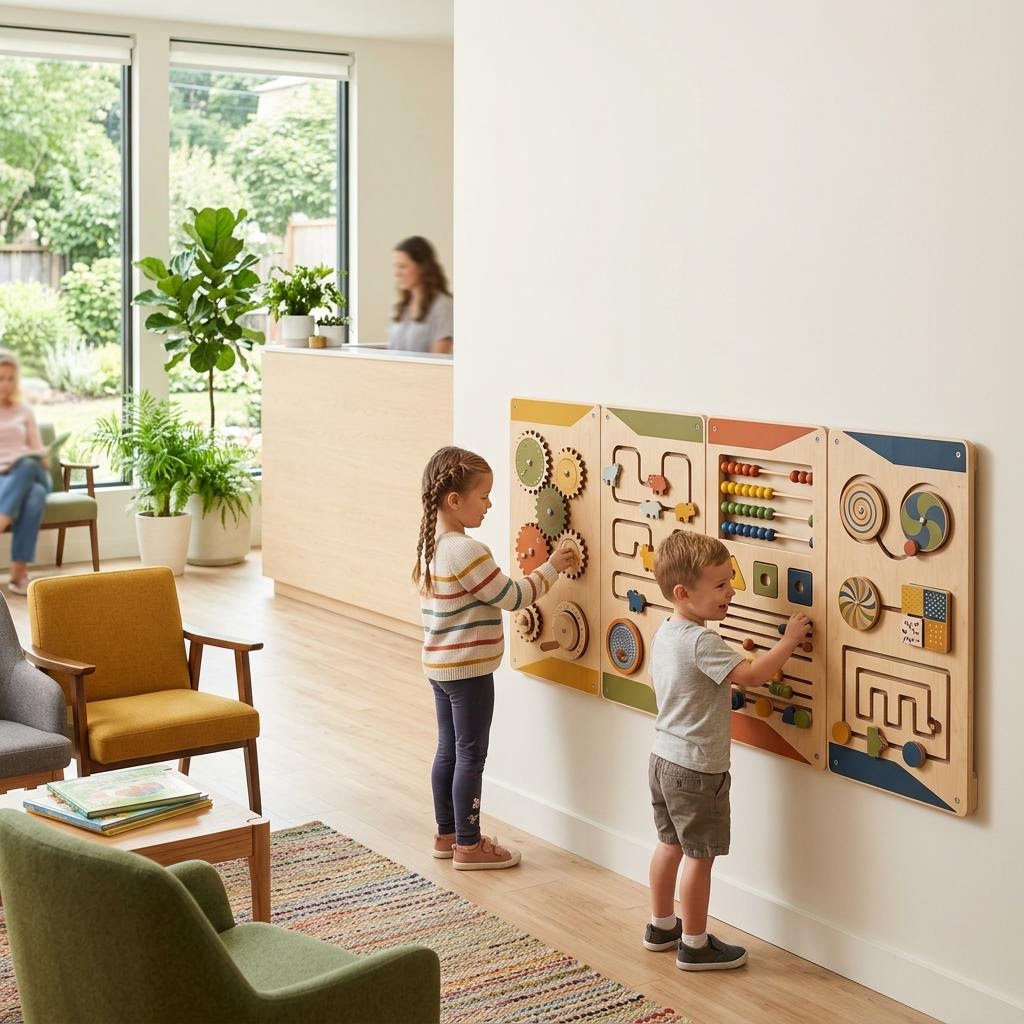 Wall mounted activity panels in a hallway